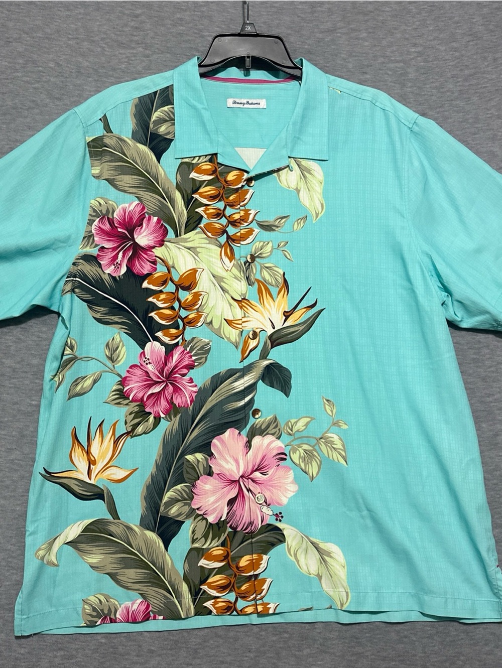 Tommy Bahama Mens Large Silk Camp Shirt Aqua Blue Floral Tropical Hibiscus Aloha